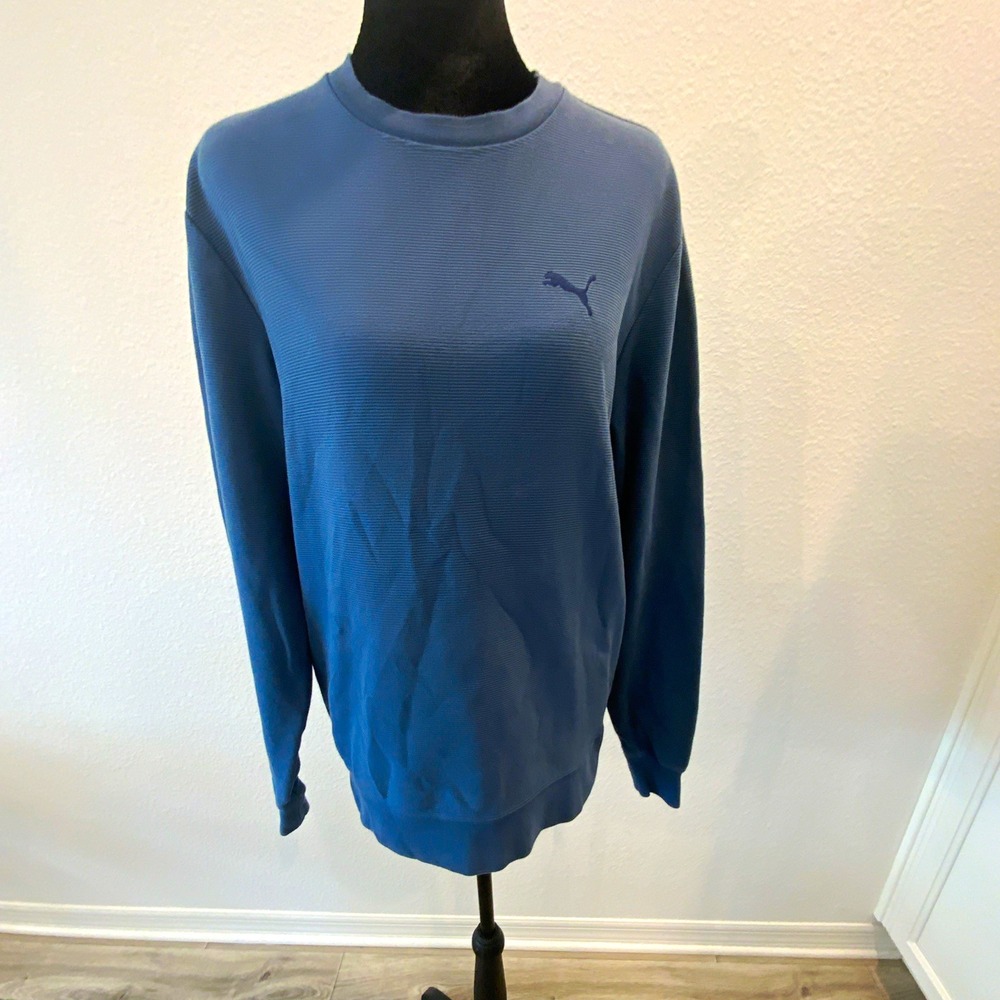 PUMA Mens S Blue Crew Neck Pullover Sweater Long Sleeve Solid Knit Logo
